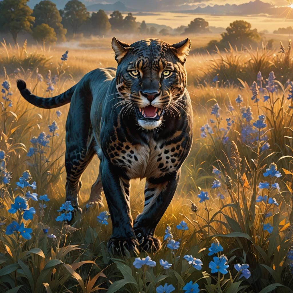 Panther Prowling in Field with Blue Wildflowers