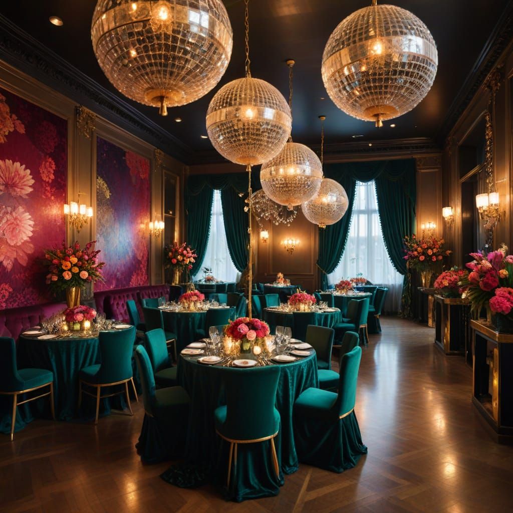 Glamorous 1970s Ballroom in Rich Jewel Tones and Luxurious D...