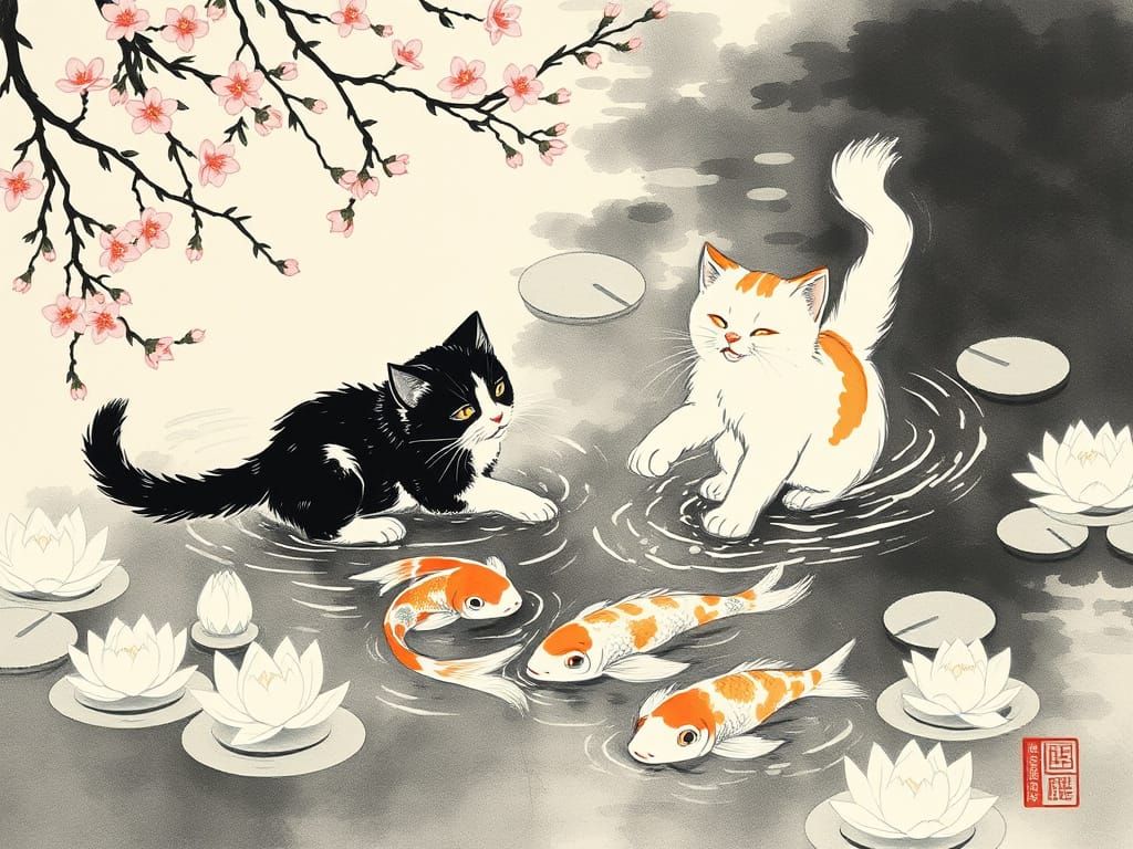 Playful Cats in a Whimsical Japanese Garden Scene