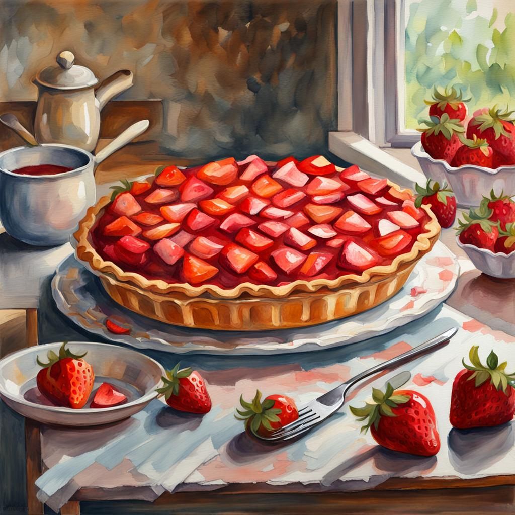 Strawberry Pie in Kitchen: Gouache Watercolor Painting