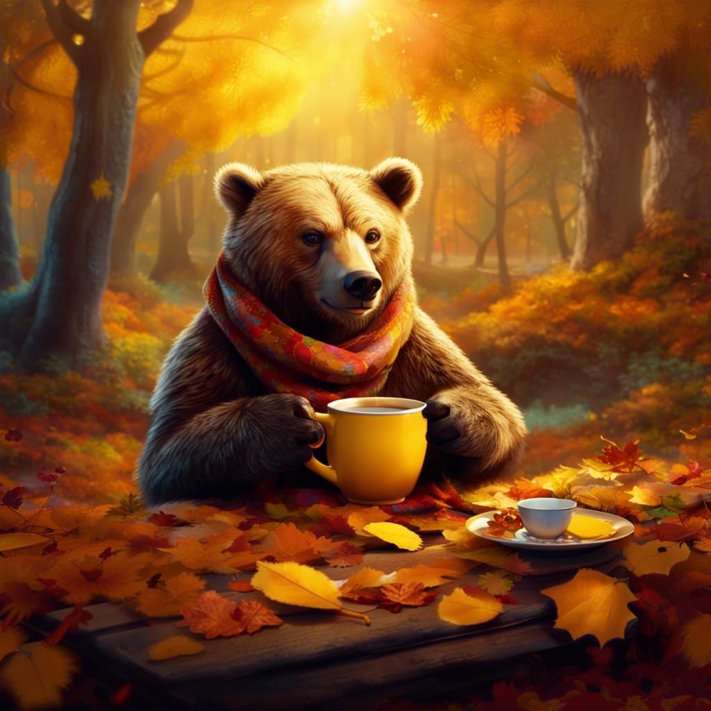 Bear Drinks Tea in Autumn, Disney Style