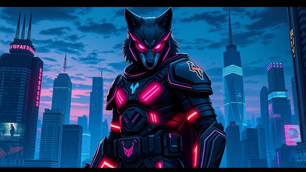 Cyberpunk Wolf Ranger in Futuristic Cityscape