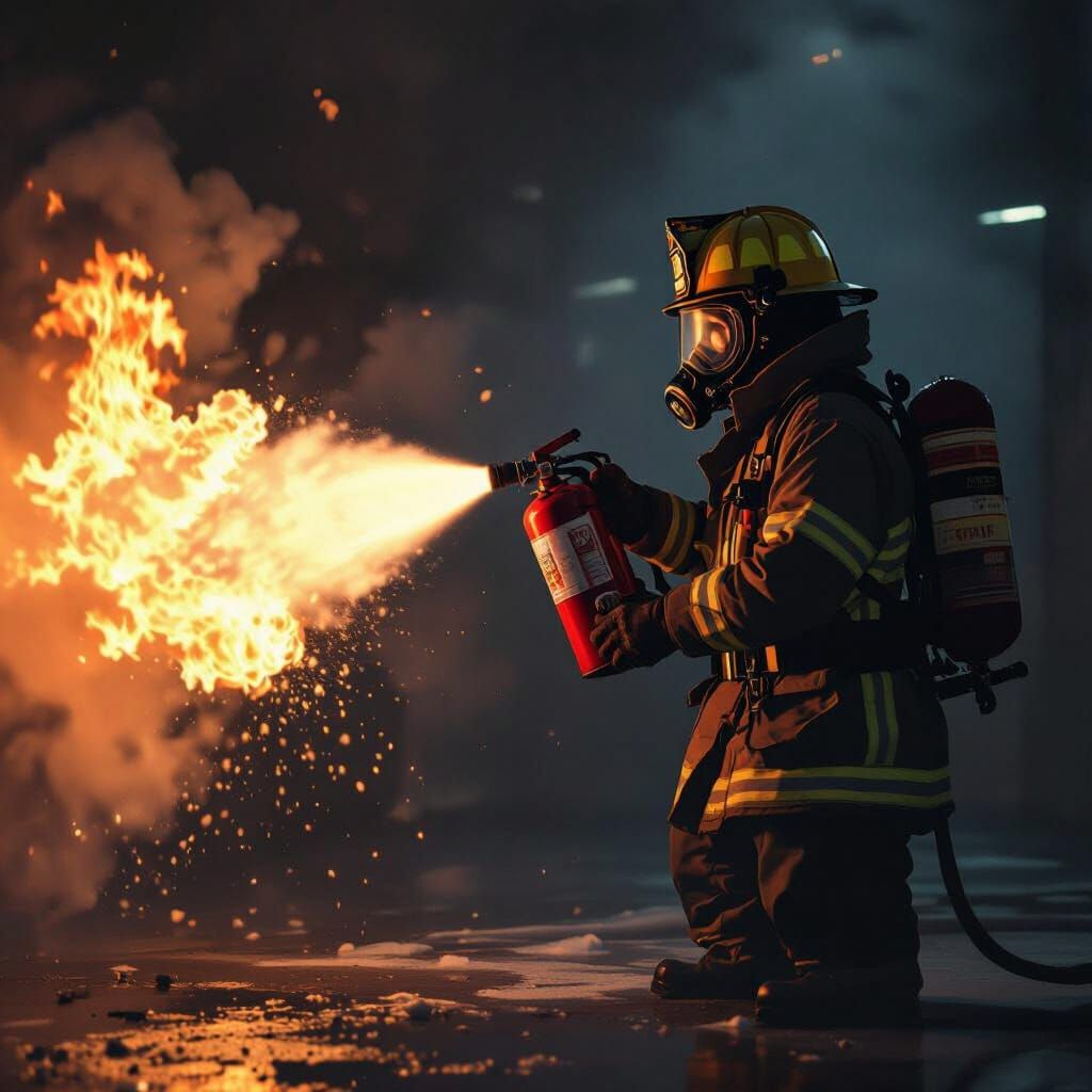 Firefighter Extinguishes Blaze: Digital Painting and Photore...