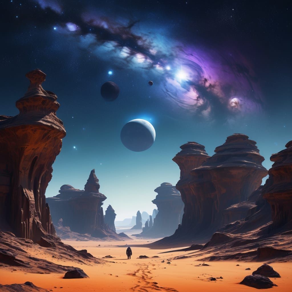 Alien Desert with Crystalline Rocks and Spacecraft