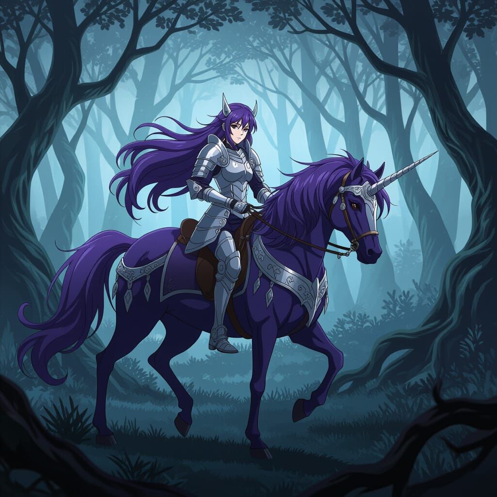 Armored Woman Rides Unicorn in Anime Style