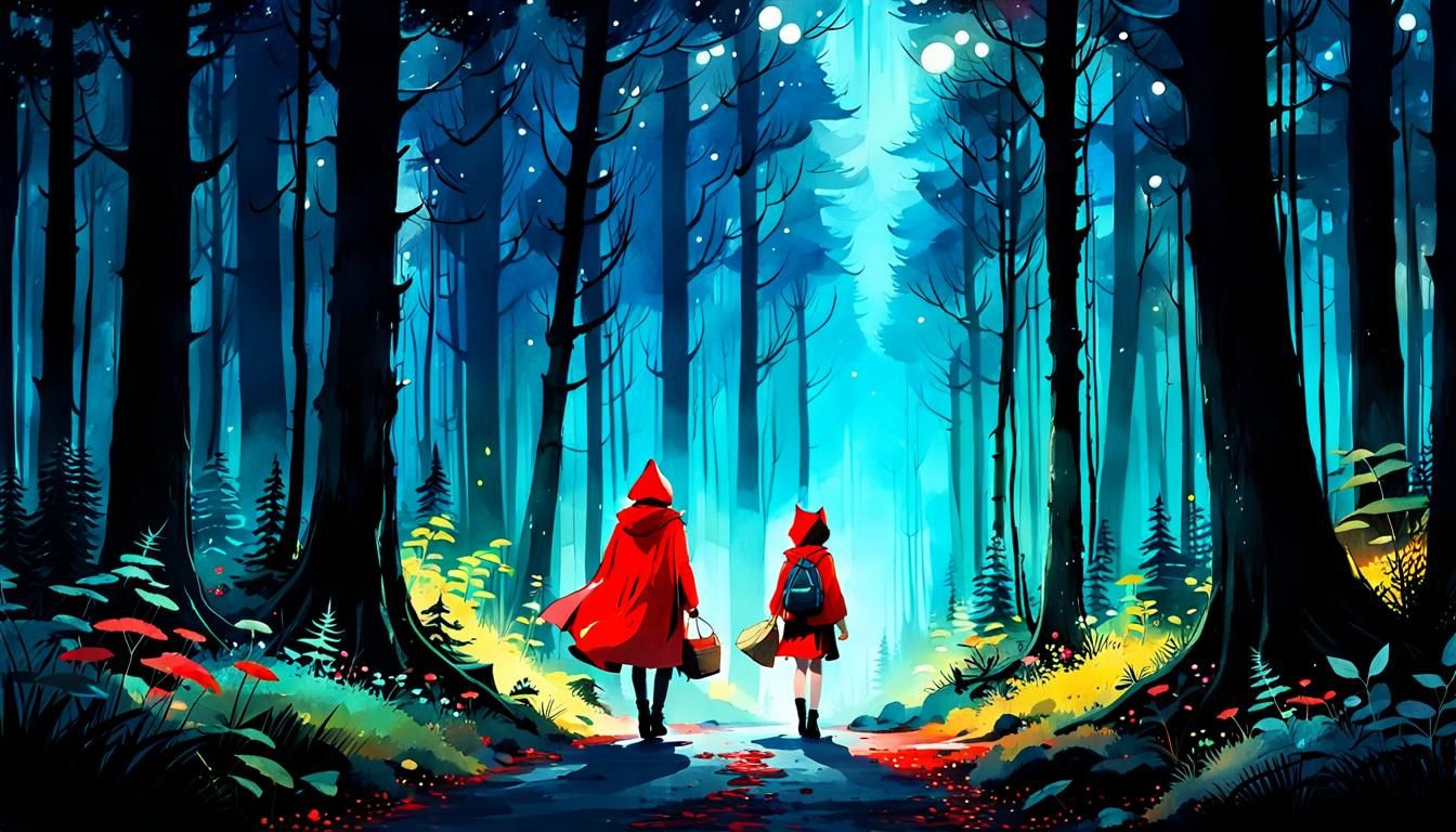 Little Red Riding Hood in Bioluminescent Forest