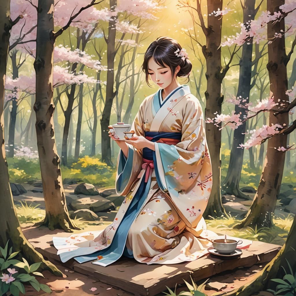 Serene Anime Girl Preparing Kanna Tea in Forest