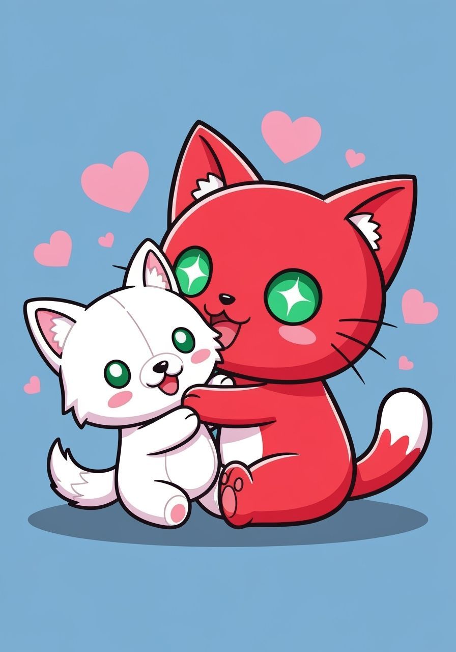 Chibi Cat Hugs White Wolf Plushie in Vibrant Digital Art