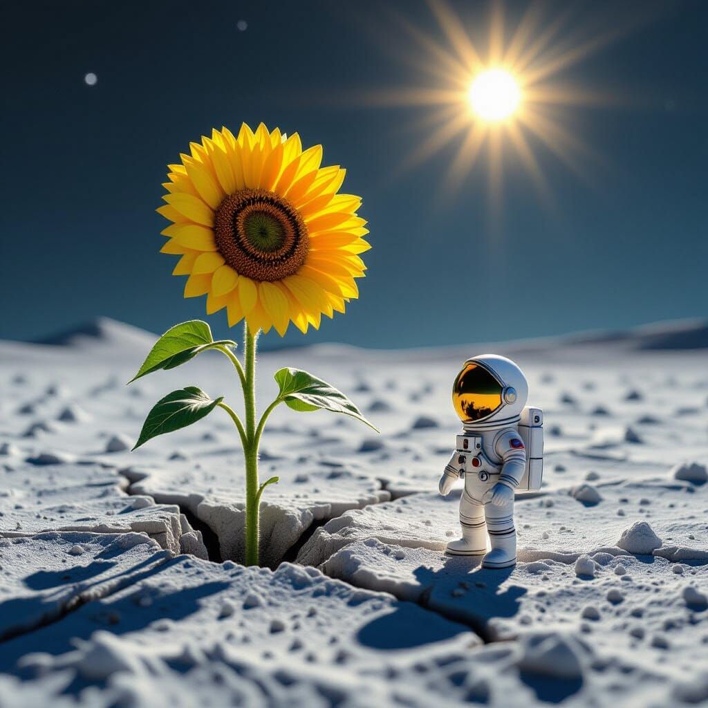 Sunflower in Lunar Crater with Astronaut Doll
