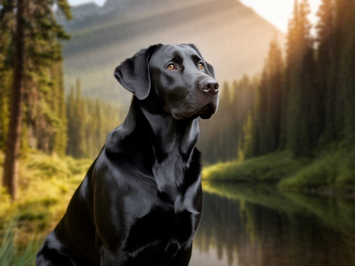 Hyperrealistic Black Labrador Retriever in a Forest Glade