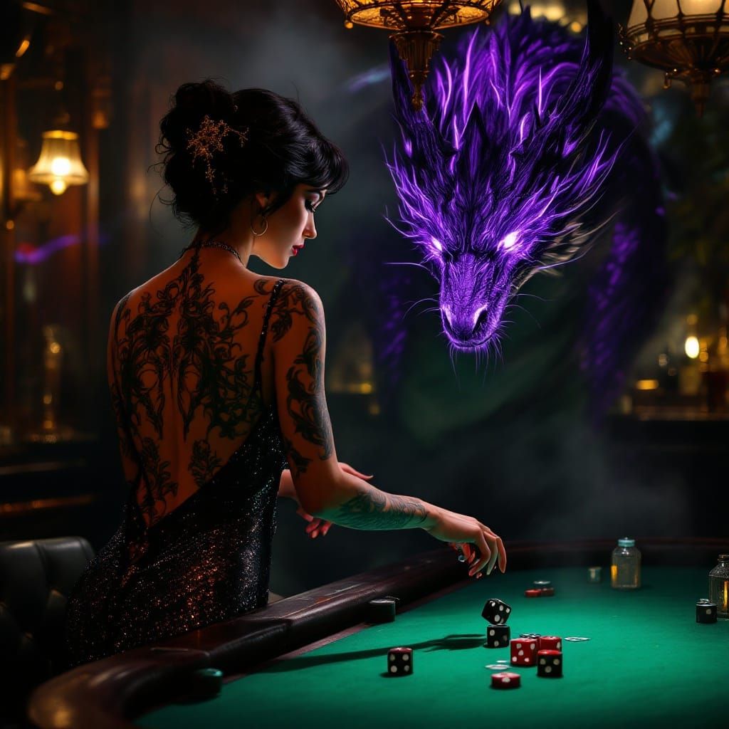 Woman and Dragon in Art Deco Casino Scene