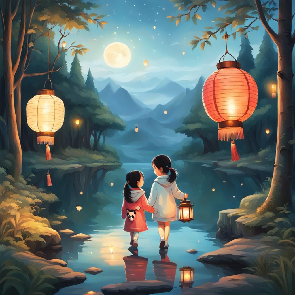 Girl, Panda, and Lanterns at Forest Edge