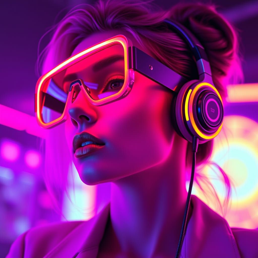 Retro-Futuristic Woman in Neon Glory, 80s Sci-Fi Aesthetic