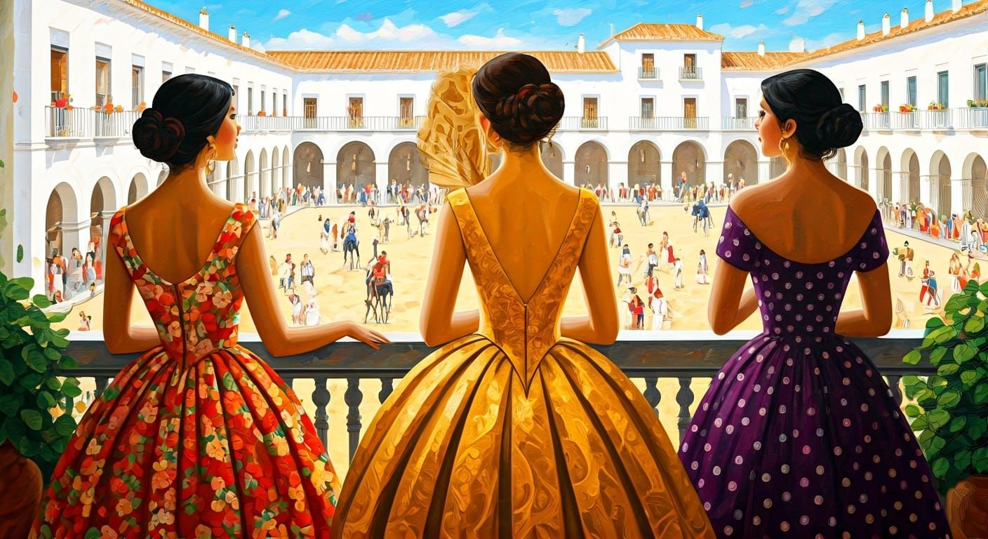 Spanish Plaza Balcony Scene in Cubist Style