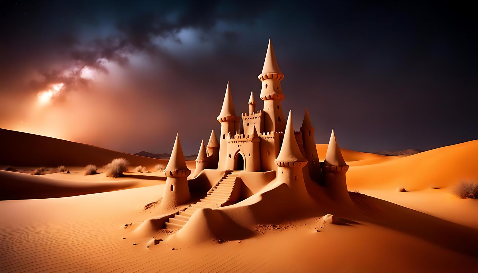Mythical Sandcastle in Barren Desert at Night