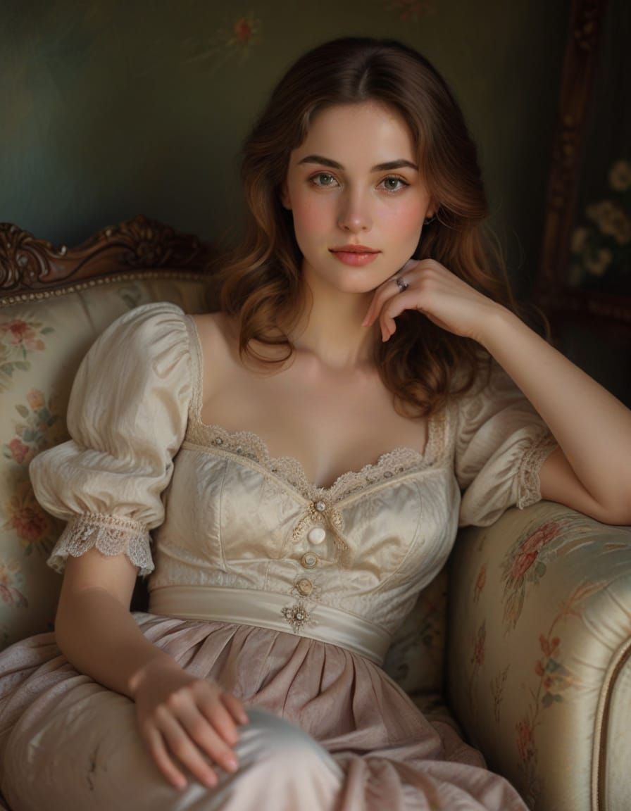 Elegant Victorian Lady Relaxing in Soft Pastel Hues