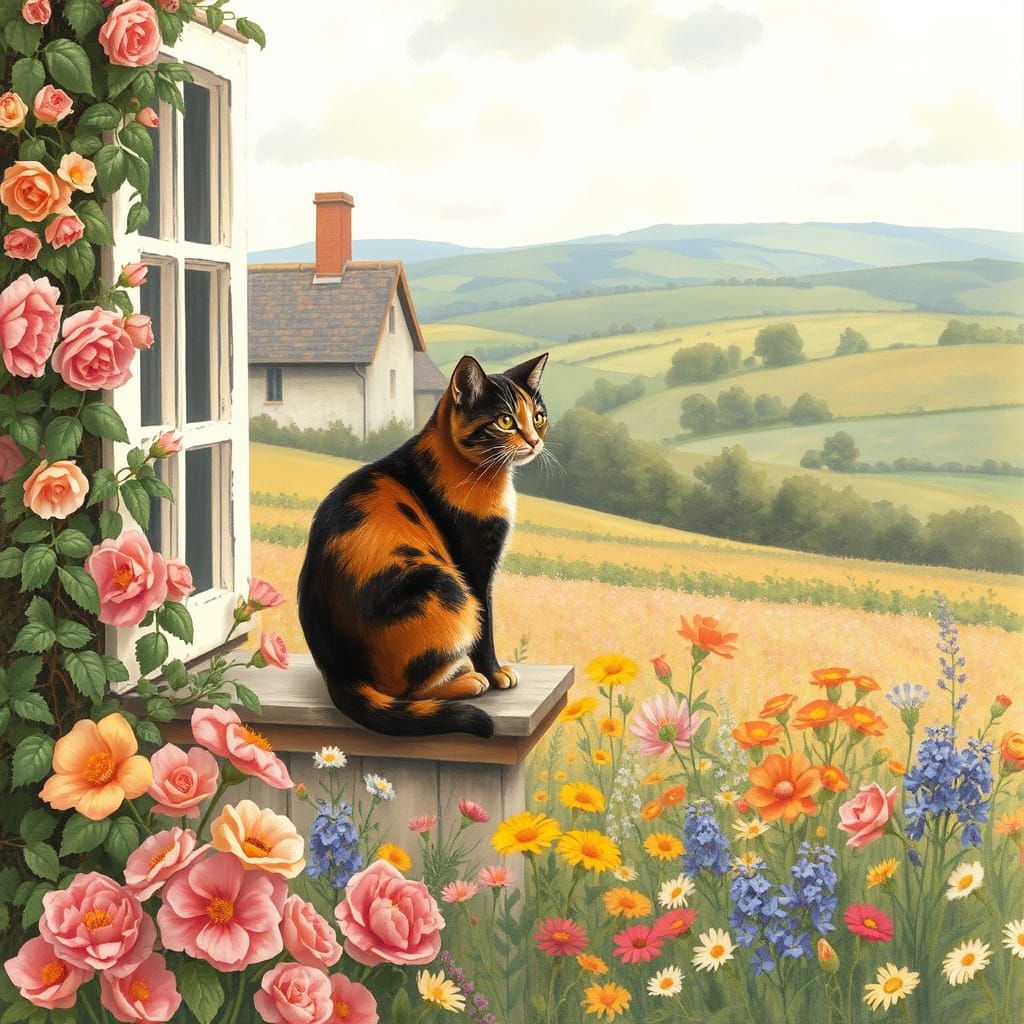 Tortoiseshell Cat in Wildflower Cottage Garden
