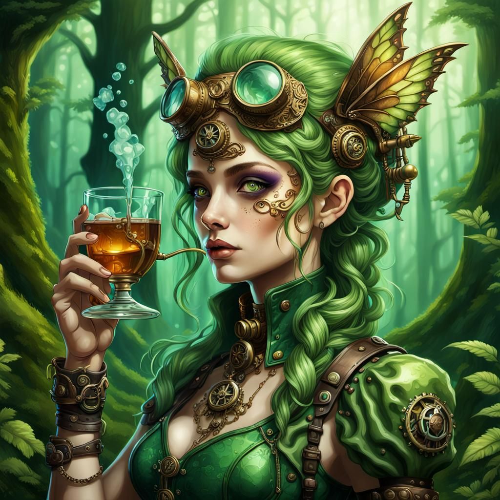 Steampunk Fairy Sipping Absinthe in Enchanted Forest