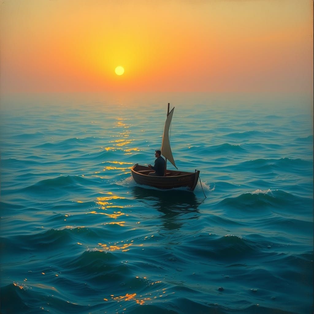 Sailor Adrift on Endless Ocean at Sunset