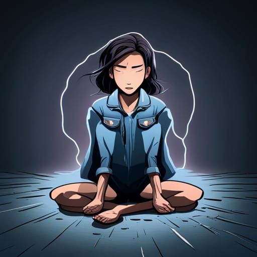 Scared Girl Surrounded by Colorful Cartoon Lightning