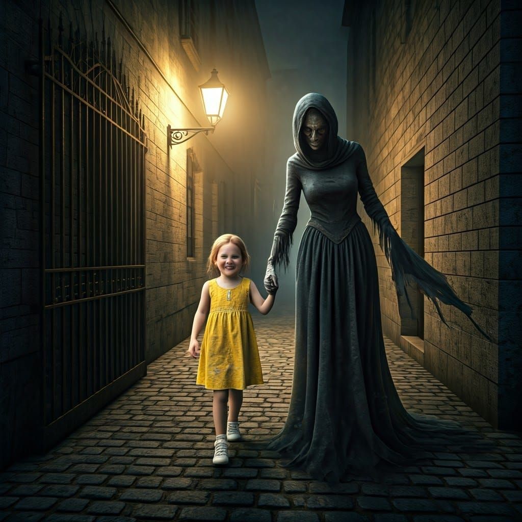 Child and Ghost Walking in Misty Alleyway