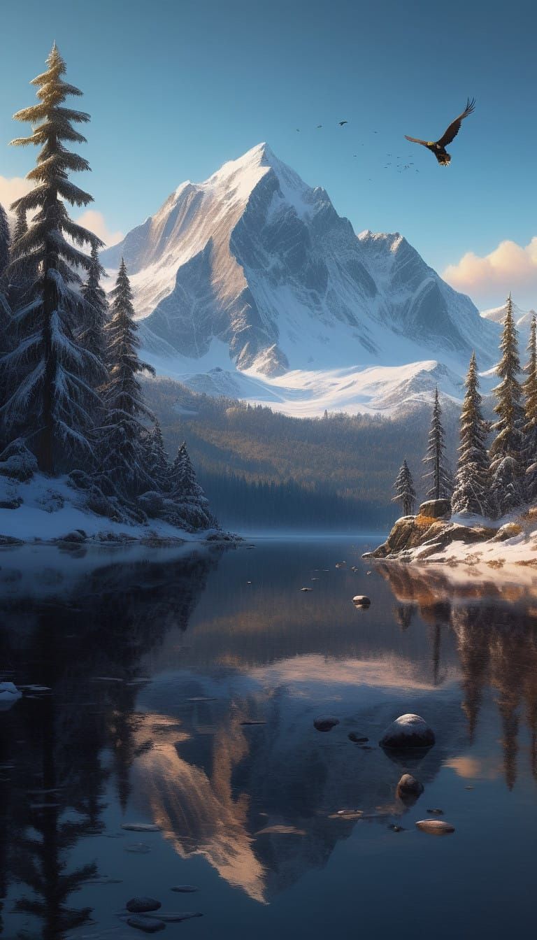 Golden Light on Snowy Mountains with Birds in Flight