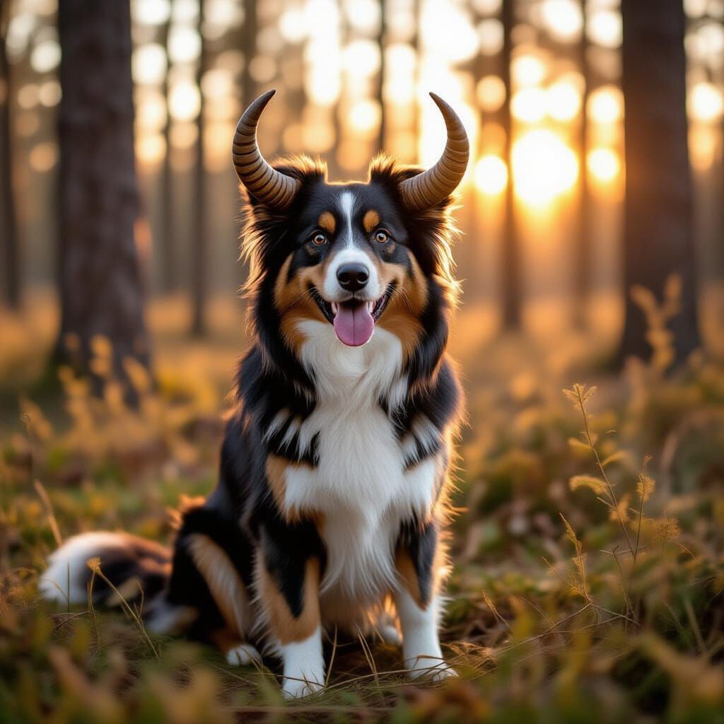 Dog with Horn in Forest, Morning Light