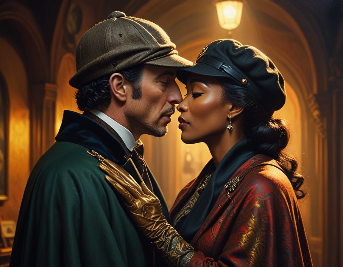 Sherlock Holmes Kissing Angela Bassett: Oil Painting