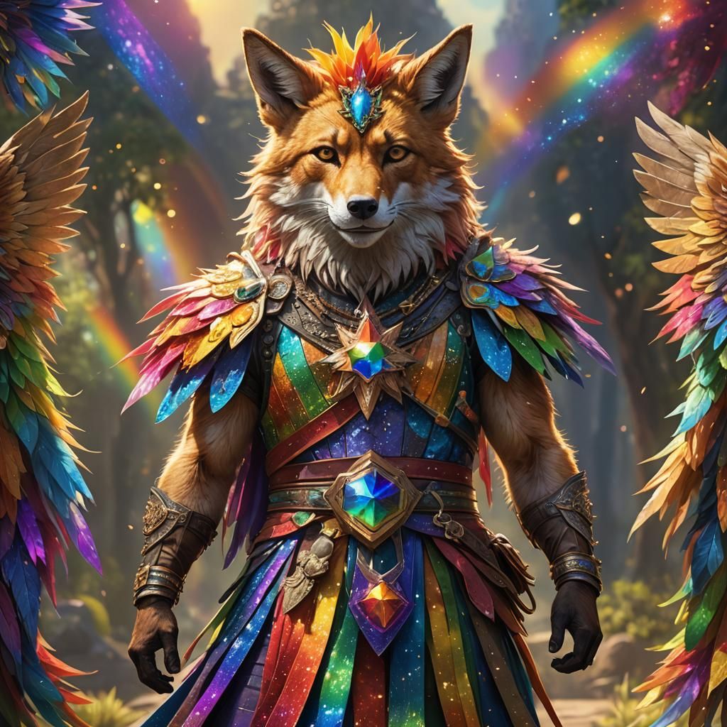 all vibrant eastern star rainbow sparkle wings on an anthropomorphic eastern star rainbow male fairy-Coyote God in a loi...