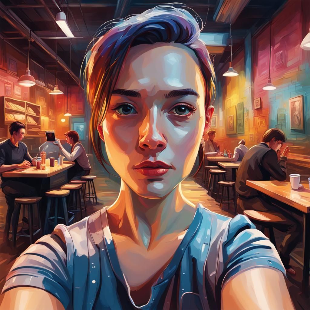 AI Self-Portrait in Warehouse: Hyperrealistic Splash Art
