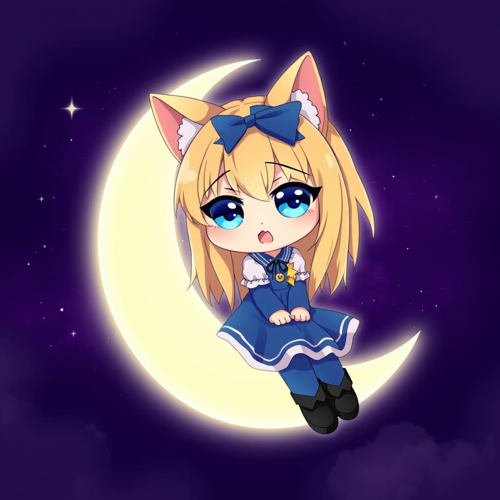Adorable Anime Catgirl in Mystical Moonlit Night