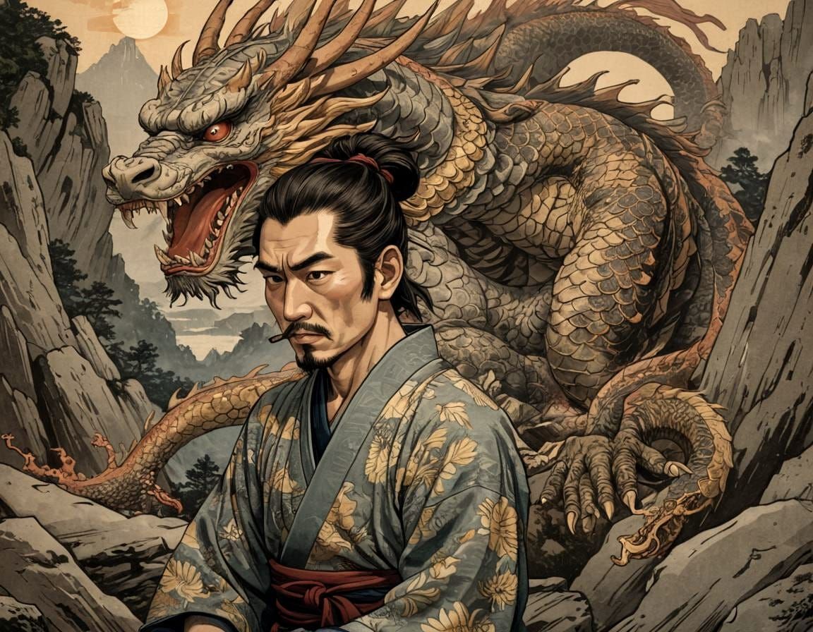 Ukiyo-e style of a Samurai in meditation