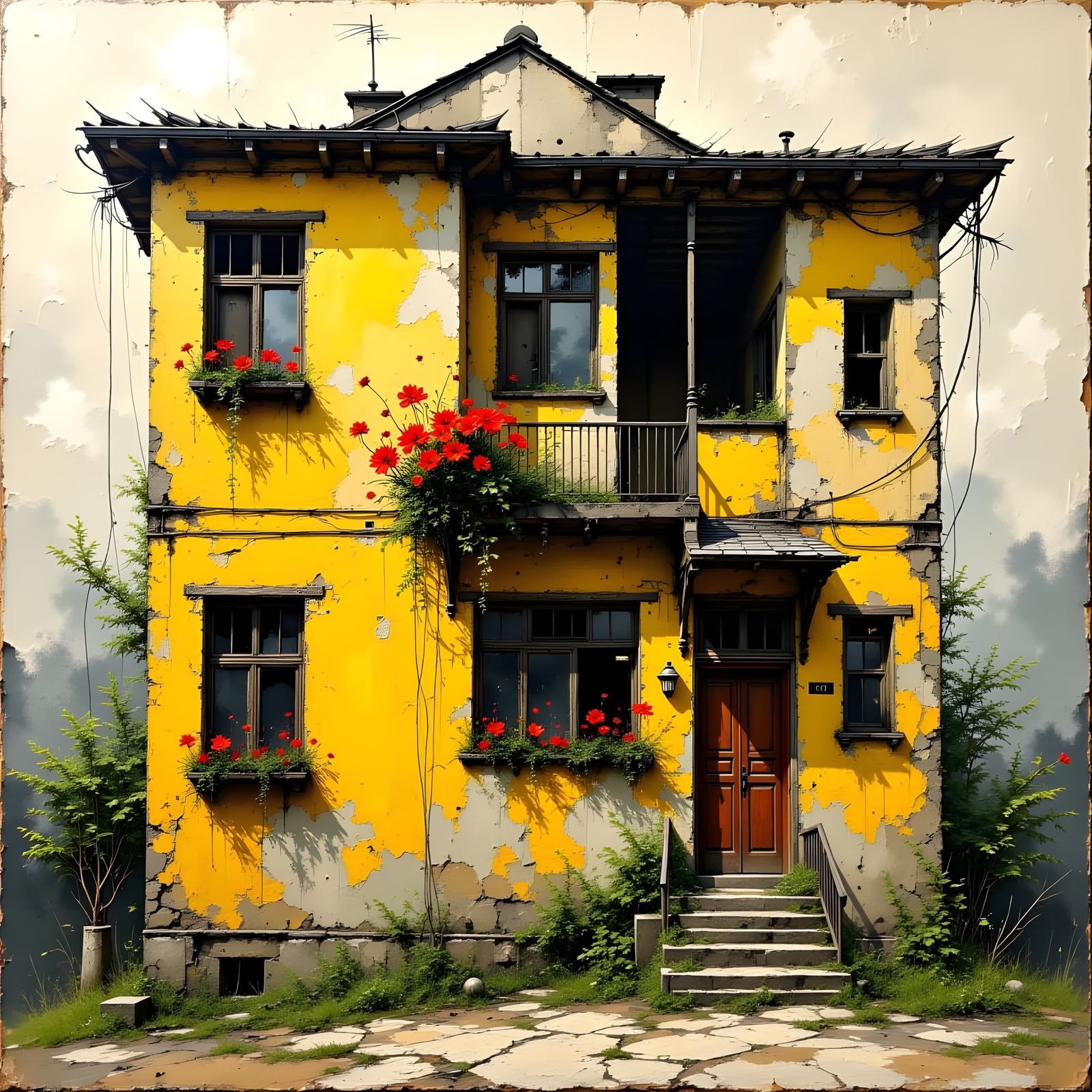 Abandoned Building with Flowers in Impasto Style