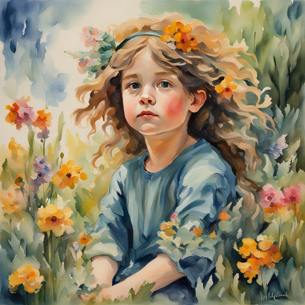 Beautiful Fairy Child in Meadow, Impasto Gouache Style
