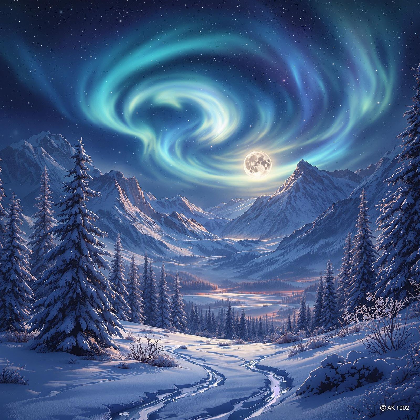 Moonlit Winter Wonderland in Vibrant Hues