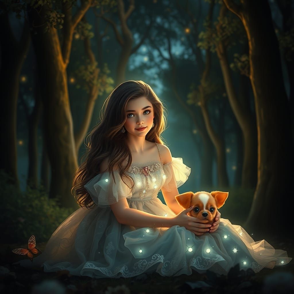 Ethereal Girl with Puppy in Magic Night Forest