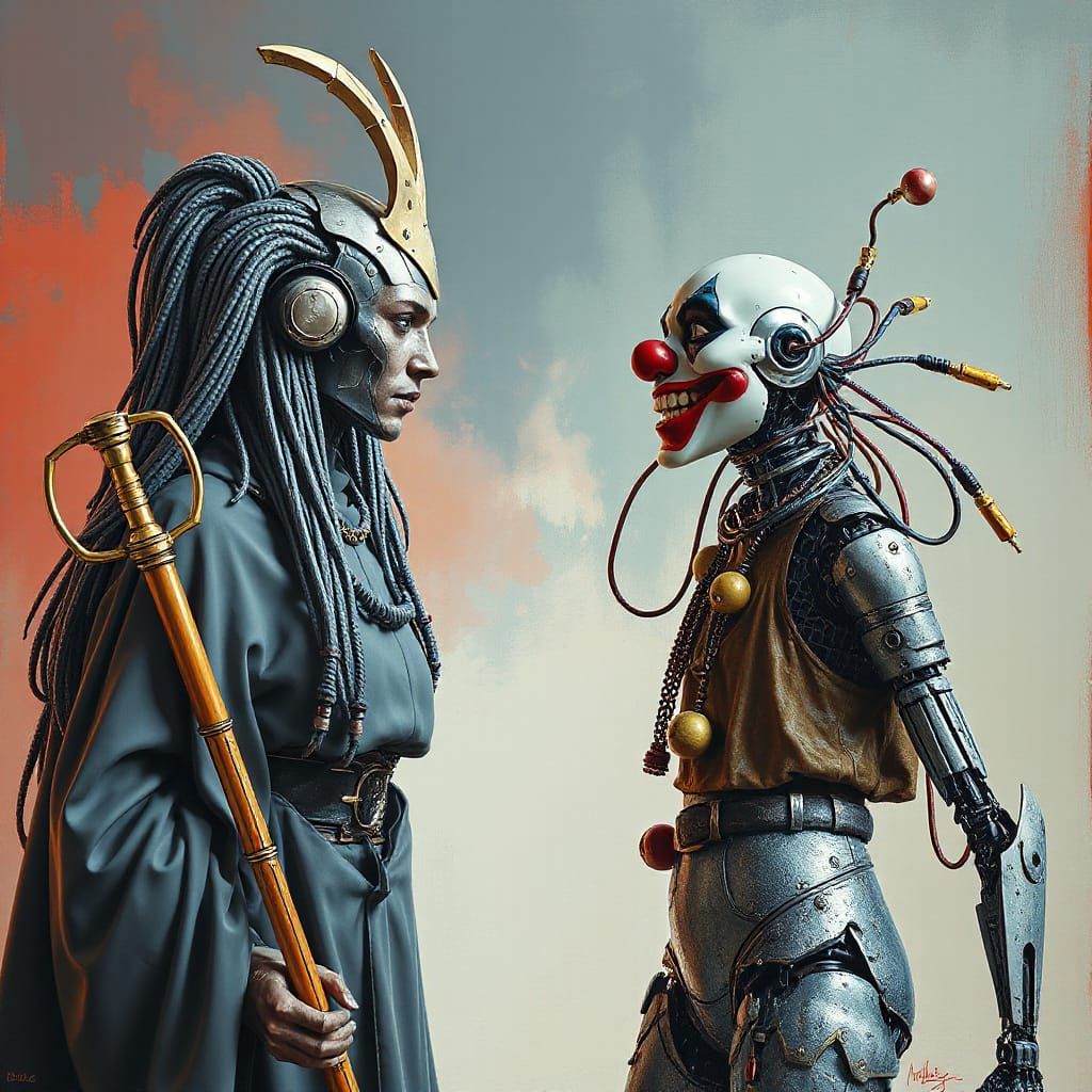 Robotic Confrontation: Majestic Robot vs Clown, Hyperrealist...