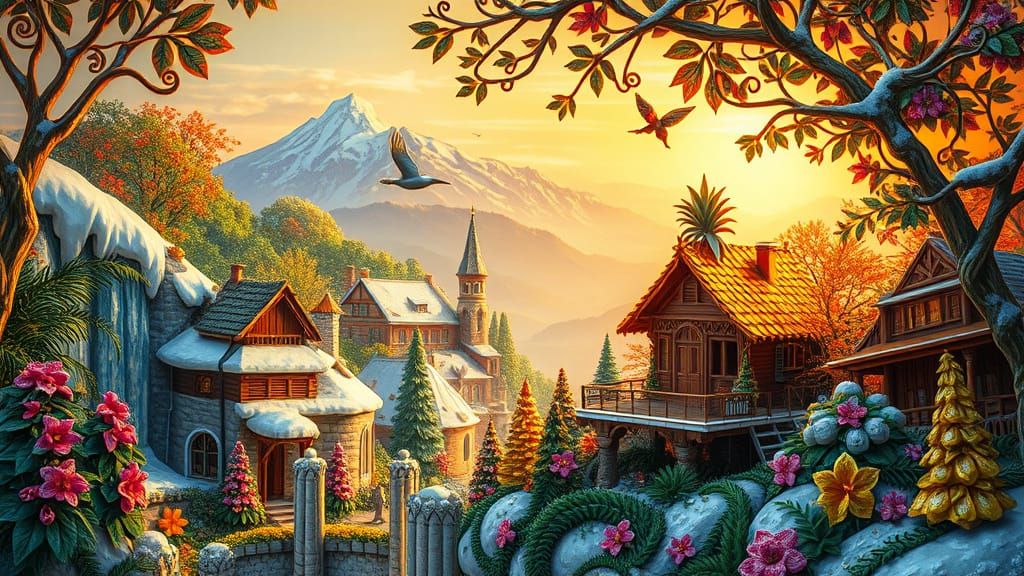 Origami Winter Village with Vibrant Jungle Paradise