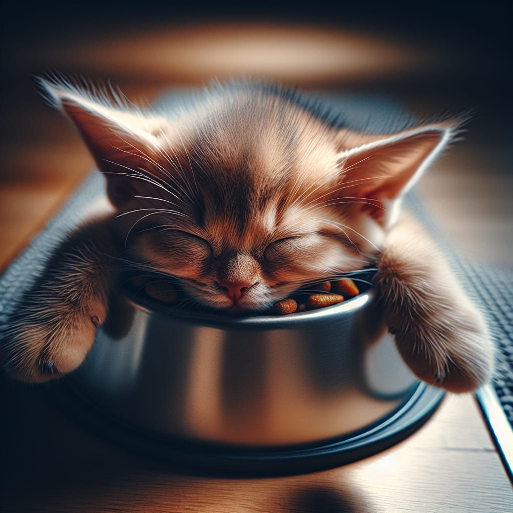 A Kitten Slumbers in a Cat Food Bowl, Captured in Cinematic ...