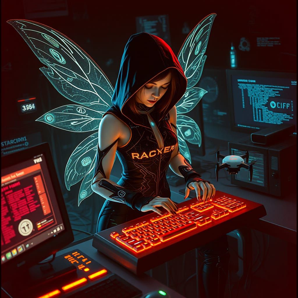 Fairy Hacker in High-Tech Lair with Glitching Wings