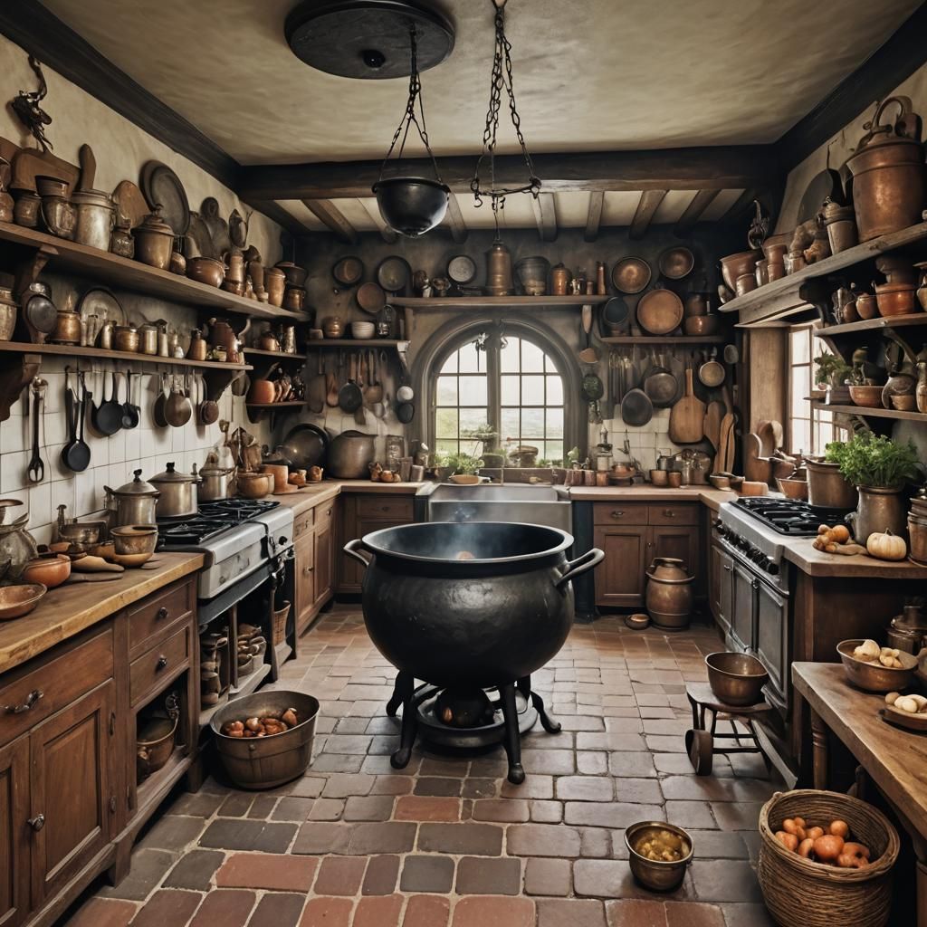 Opulent Witch's Kitchen with Antique Cauldron
