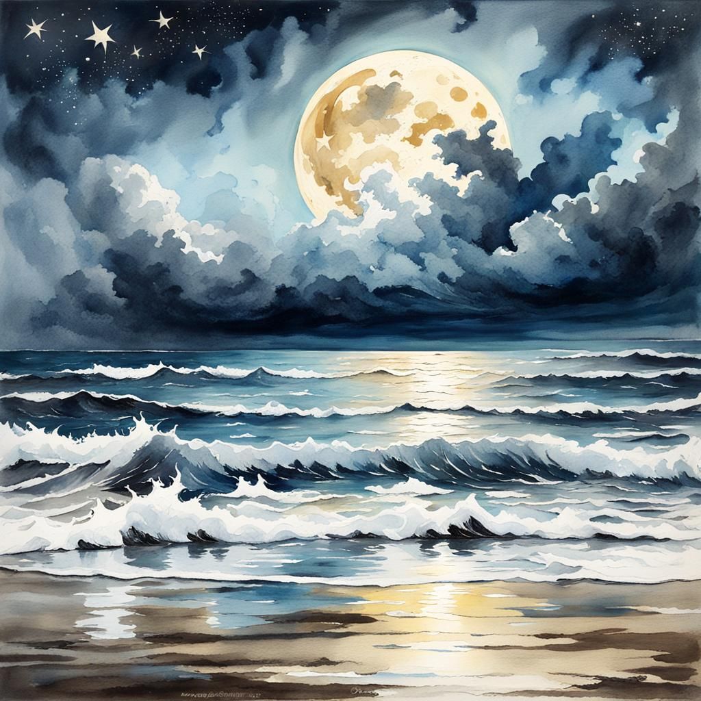 Stormy Ocean Night in Vintage Watercolor Style