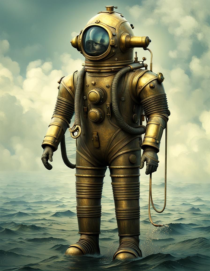 18th century atlas A retrofuturistic deep sea diving suit with tubes and tanks and a big brass helmet. Photorealistic fi...