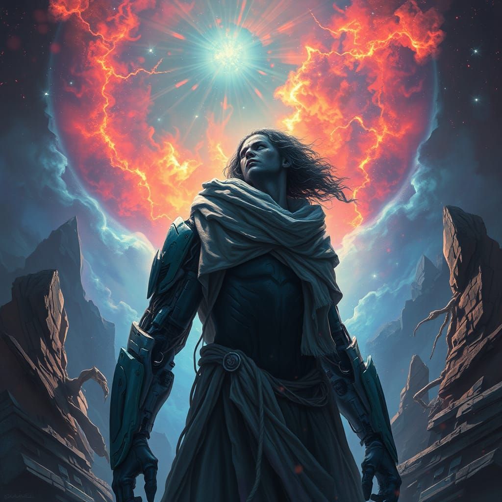 Cyborg Warrior in Cosmic Landscape, Cinematic Style