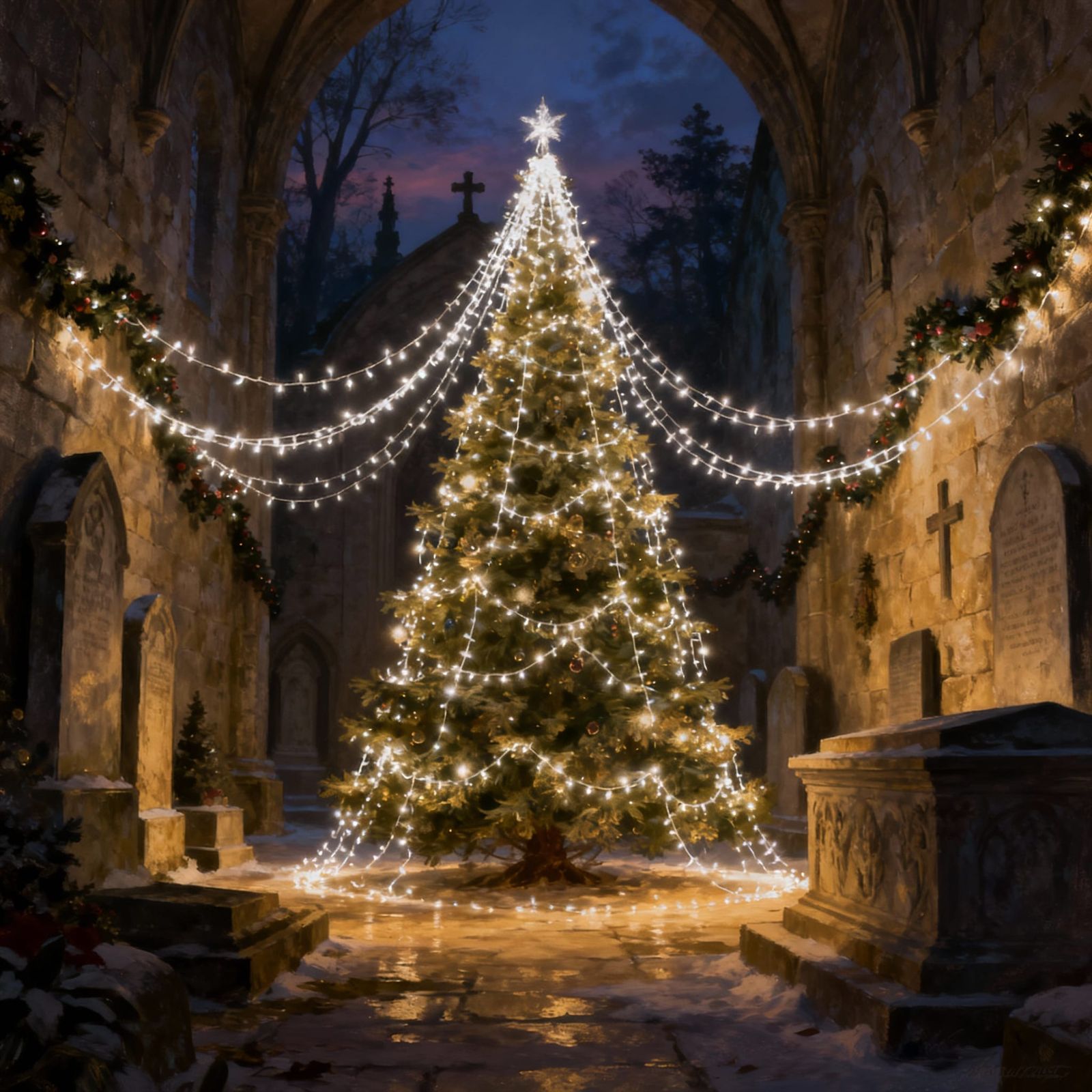Ethereal Christmas Crypt with Twinkling Lights