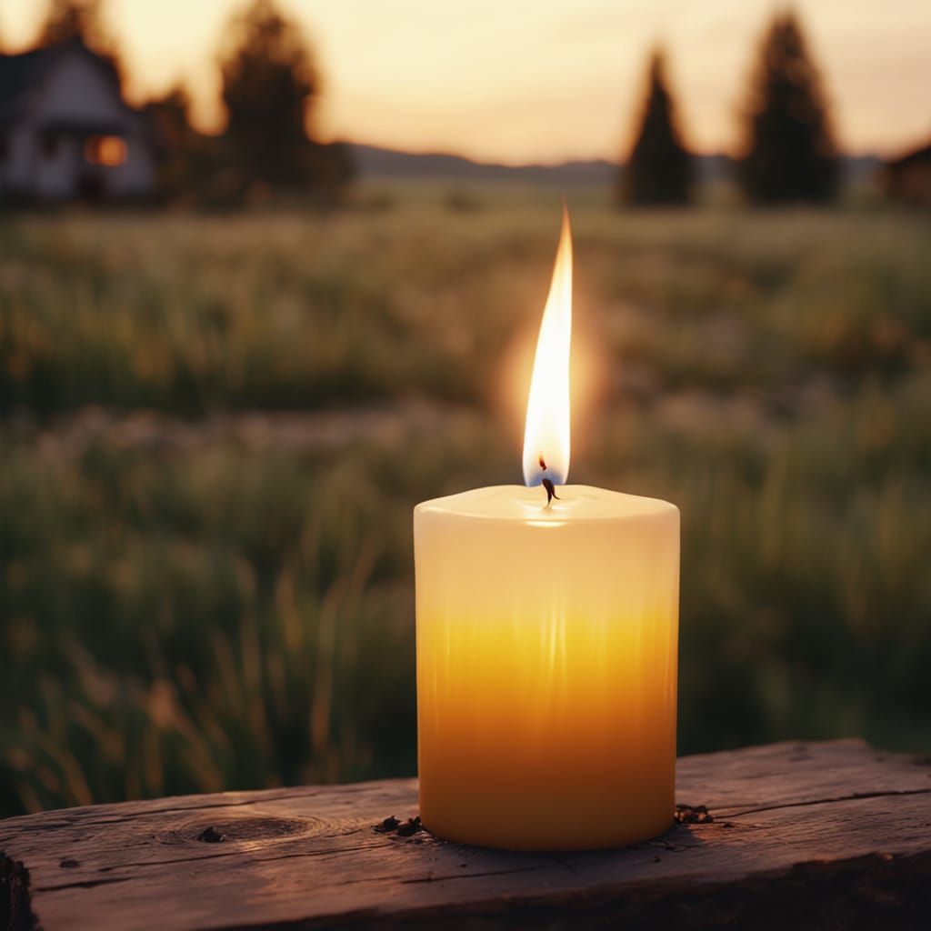 Burning Candle with Landscape in Oil Painting Style