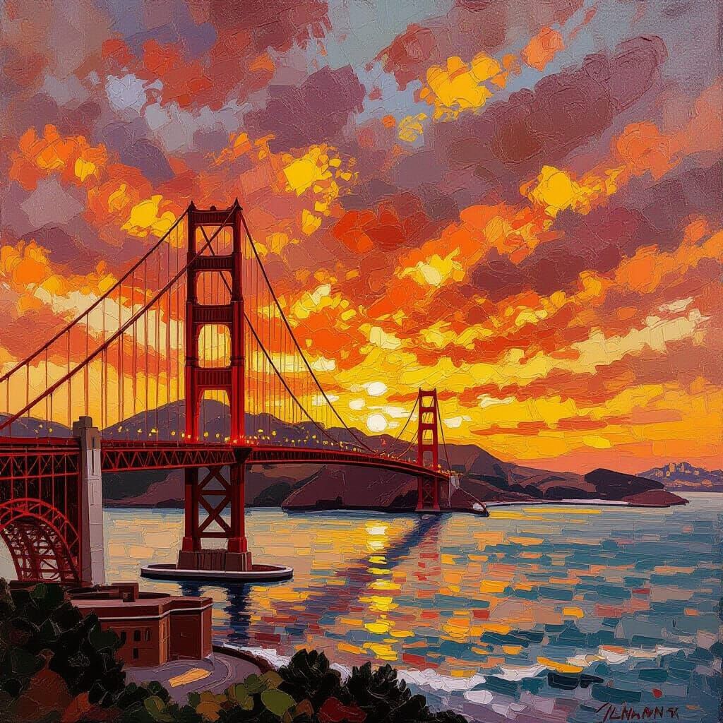 Golden Gate Bridge Sunset Impasto Oil Painting