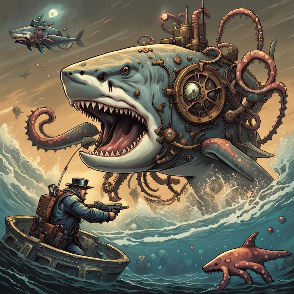 Mech Shark Plays Darts with Steampunk Octopus