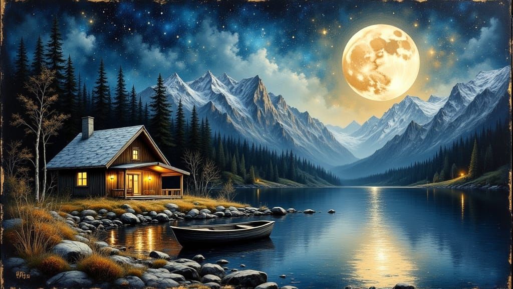 Mountain Lake Cabin in Exquisite Oil Painting Style