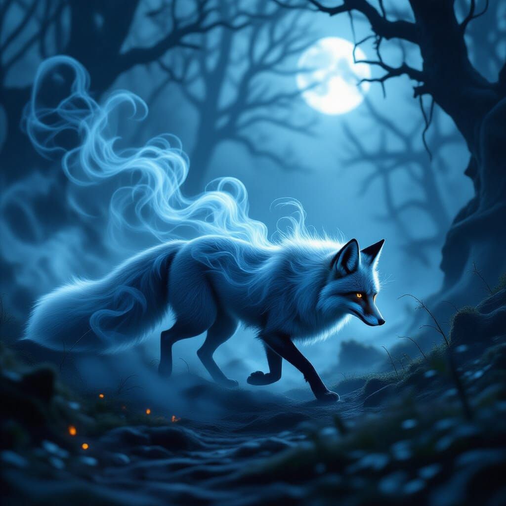 Mystical Smoke Fox in Ancient Forest